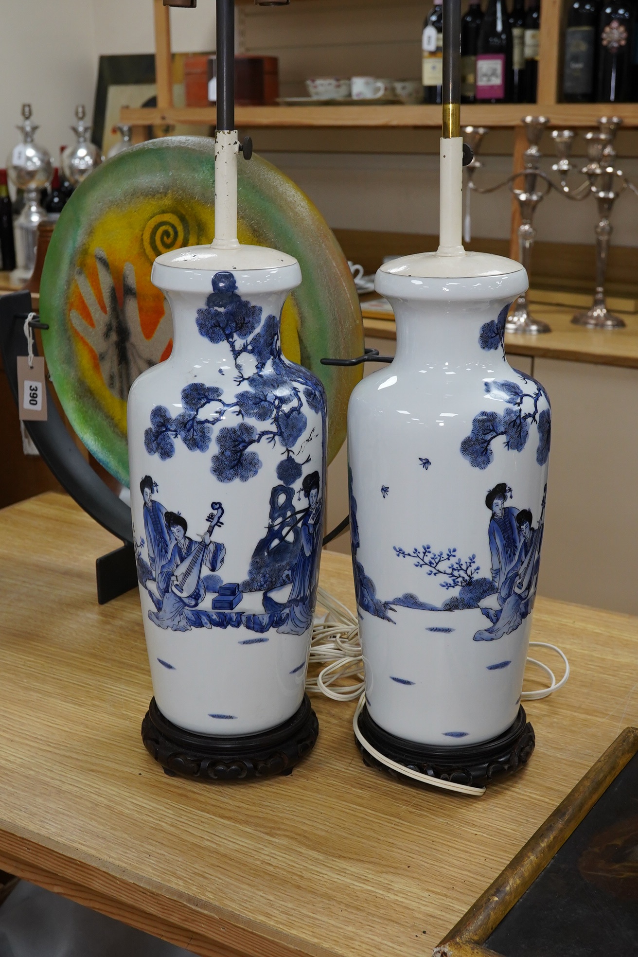 A pair of Chinese blue and white porcelain table lamps, 73cm total. Condition - good, not tested